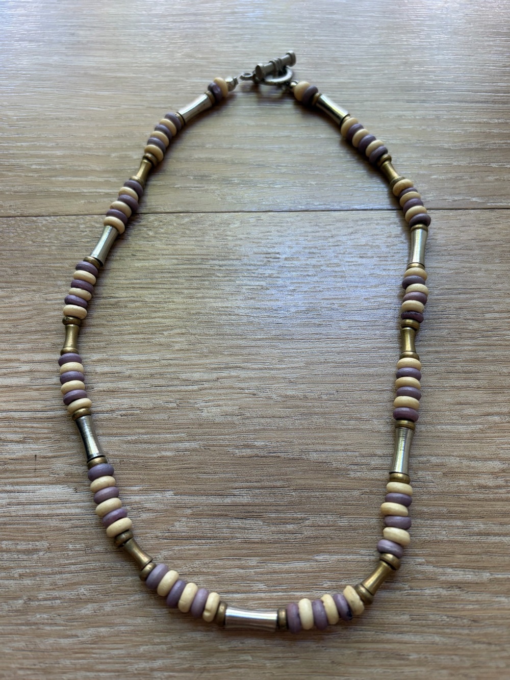 Purple & Cream Beaded Necklace w/ Silver & Gold Details